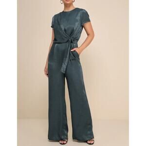 Lulus Let Me Entertain You Dark Green Satin Wide-Leg Jumpsuit Women Medium NWT